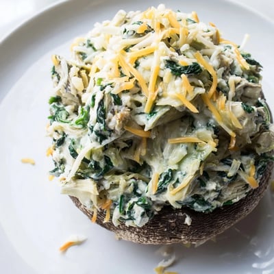Baked Portobello caps overflowing with creamy spinach, artichoke, and melted mozzarella cheese mixture.