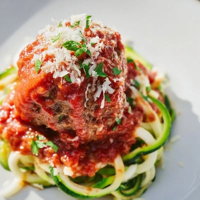 Spiralized zucchini noodles sautéed briefly, topped with tender turkey meatballs and rich tomato marinara for a low carb dinner.