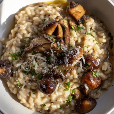 In a skillet, Creamy Mushroom Risotto with Truffle Oil is stirred to a perfect consistency beside ingredients like mushrooms and wine.