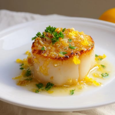 A close-up of tender Date Night Seared Scallops with Lemon Butter being spooned into a light, silky lemon butter sauce. 