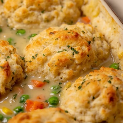 Spoonful of savory Red Lobster Biscuit Chicken Pot Pie reveals tender chicken and peas nestled beneath a flaky cheddar crust.