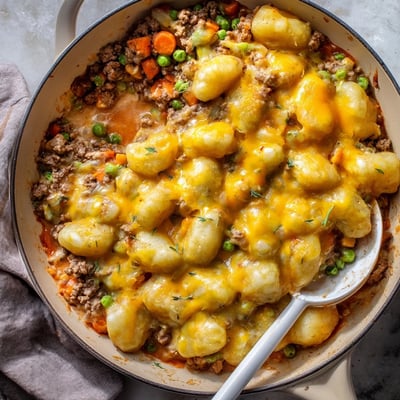 A close-up of Quick Gnocchi Shepherds Pie with melted cheddar, golden edges, and a side salad nearby.