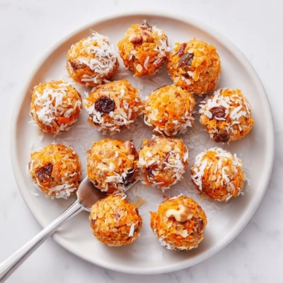 A close-up of No Bake Carrot Cake Bites shows chewy texture and sweet glaze drizzle.