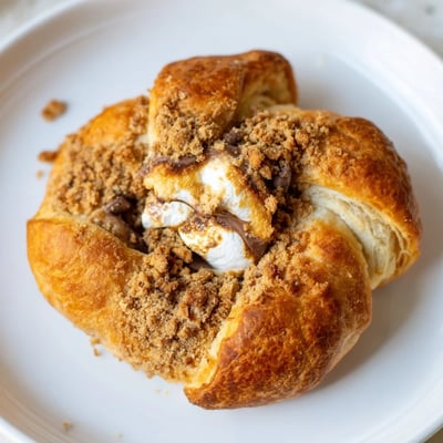 Warm Smores Crescent Rolls dusted with crunchy graham cracker crumbs on a cozy baking sheet.