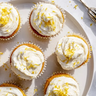 Golden-brown Limoncello cupcakes topped with swirls of frosting and a garnish of lemon zest slices.