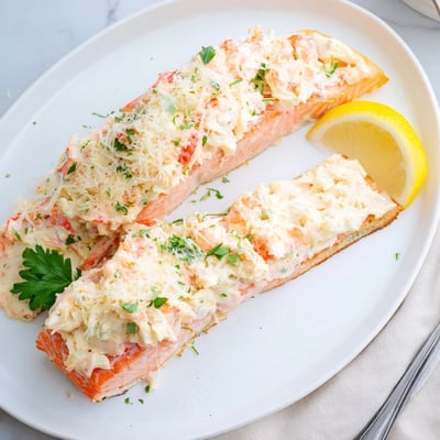 Fresh Crab & Shrimp Stuffed Salmon on a platter with vibrant green parsley and a side of roasted asparagus.