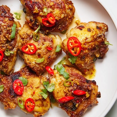 A close-up of tender Vietnamese Lemongrass Chicken garnished with fresh cilantro and sliced scallions, paired with a side of fluffy white rice.