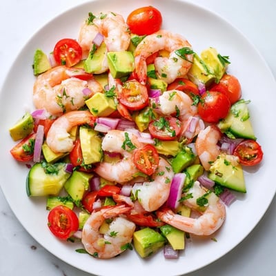 A close-up of Healthy Shrimp Avocado Salad with red onion and tomatoes, ready to serve over crisp lettuce leaves.