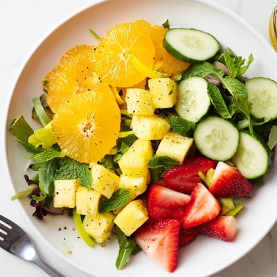 Bowl of Sunshine Salad tossed in honey-lime dressing, vibrant summer colors